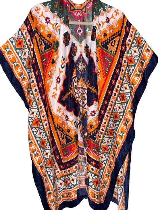Jessica McClintock Other - Jessica McClintock Orange, Navy & Green Geometric Kimono w/Tassles, NWT